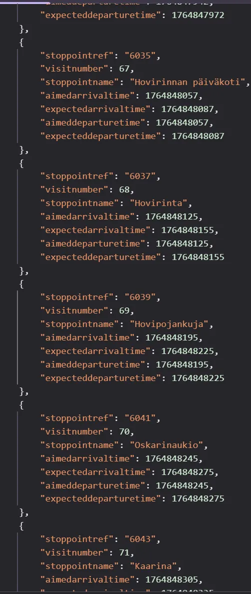 Screenshot of the vm request, further showing that quite a lot of the bus schedule is being trasmitted for each bus as well